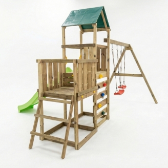 Parco giochi in legno Maxplay 3.1 con torre, scivolo verde, doppia altalena e sabbiera