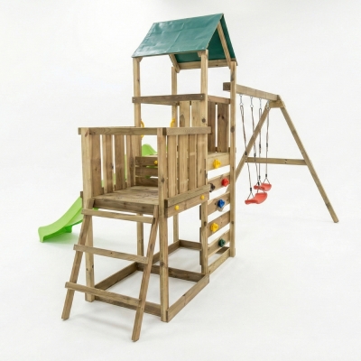 Parco giochi in legno Maxplay 3.1 con torre, scivolo verde, doppia altalena e sabbiera