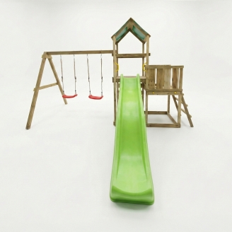 Parco giochi in legno Maxplay 3.1 con torre, scivolo verde, doppia altalena e sabbiera