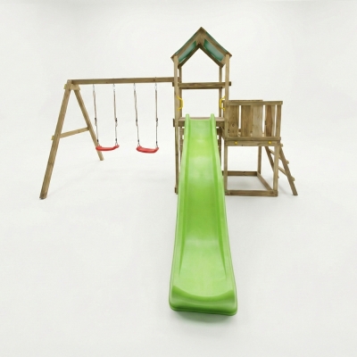 Parco giochi in legno Maxplay 3.1 con torre, scivolo verde, doppia altalena e sabbiera