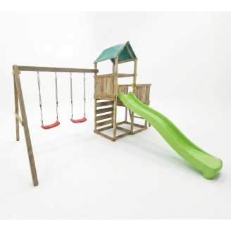 Parco giochi in legno Maxplay 3.1 con torre, scivolo verde, doppia altalena e sabbiera