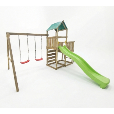 Parco giochi in legno Maxplay 3.1 con torre, scivolo verde, doppia altalena e sabbiera