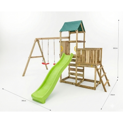 Parco giochi in legno Maxplay 3.1 con torre, scivolo verde, doppia altalena e sabbiera