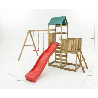 Parco giochi in legno Maxplay 3.1 con torre, scivolo rosso, doppia altalena e sabbiera