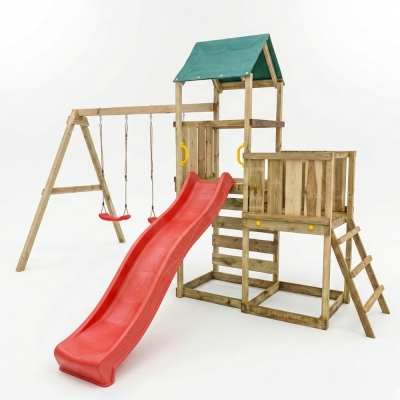 Parco giochi in legno Maxplay 3.1 con torre, scivolo rosso, doppia altalena e sabbiera