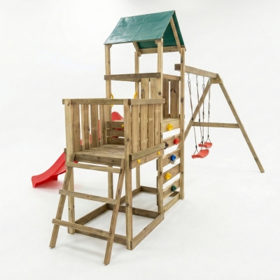 Parco giochi in legno Maxplay 3.1 con torre, scivolo rosso, doppia altalena e sabbiera