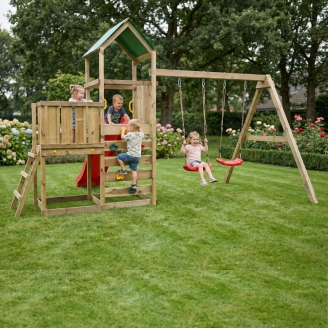 Parco giochi in legno Maxplay 3.1 con torre, scivolo rosso, doppia altalena e sabbiera