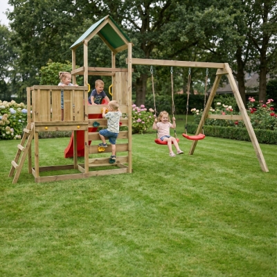 Parco giochi in legno Maxplay 3.1 con torre, scivolo rosso, doppia altalena e sabbiera