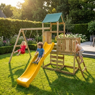 Parco giochi in legno Maxplay 3.1 con torre, scivolo giallo, doppia altalena e sabbiera