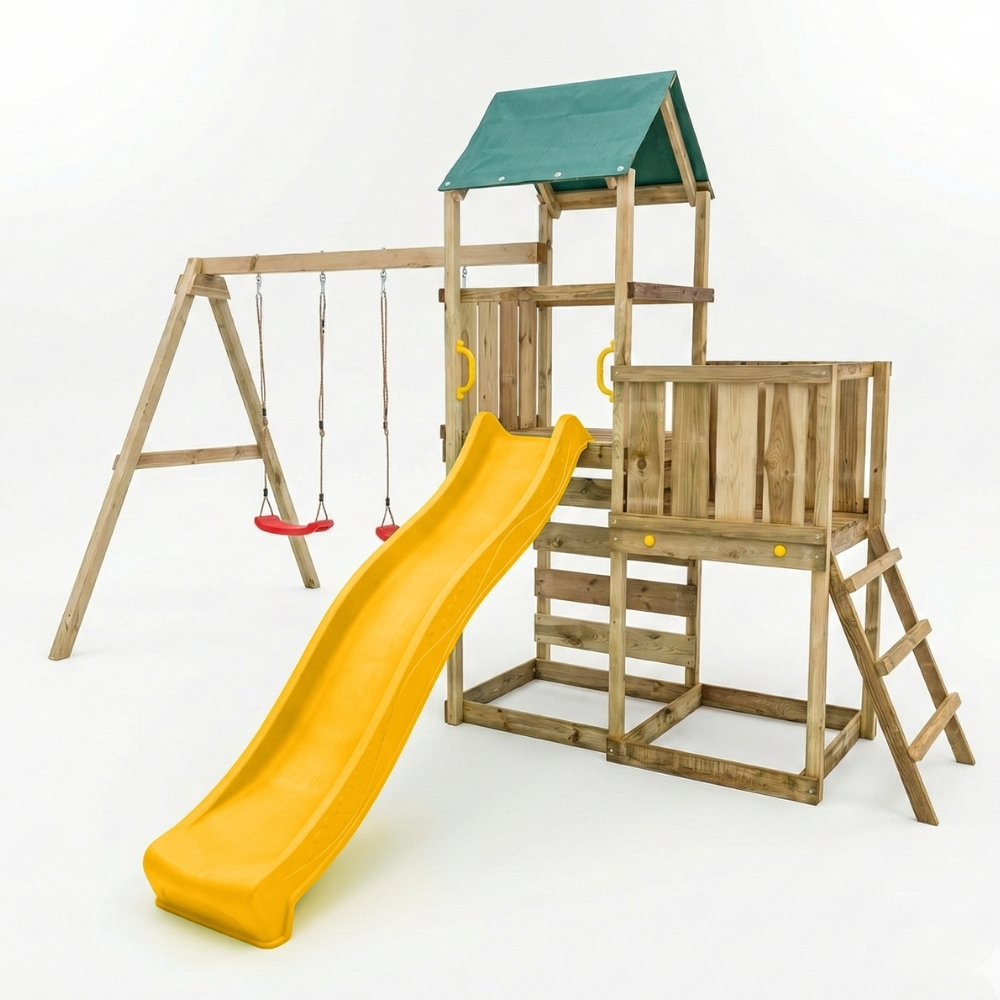 Parco giochi in legno Maxplay 3.1 con torre, scivolo giallo, doppia altalena e sabbiera