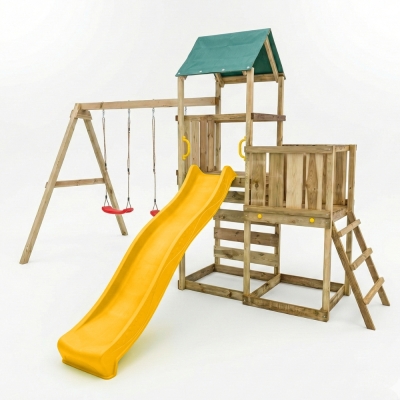 Parco giochi in legno Maxplay 3.1 con torre, scivolo giallo, doppia altalena e sabbiera