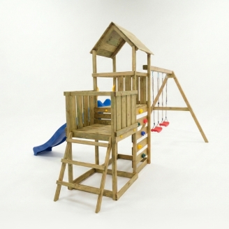 Gioco da giardino in legno Maxplay 3.2 con Scivolo blu, torre, parete di arrampicata e doppia altalena