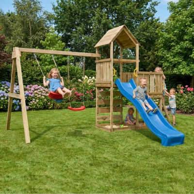 Gioco da giardino in legno Maxplay 3.2 con Scivolo blu, torre, parete di arrampicata e doppia altalena