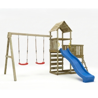 Gioco da giardino in legno Maxplay 3.2 con Scivolo blu, torre, parete di arrampicata e doppia altalena