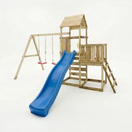 Gioco da giardino in legno Maxplay 3.2 con Scivolo blu, torre, parete di arrampicata e doppia altalena