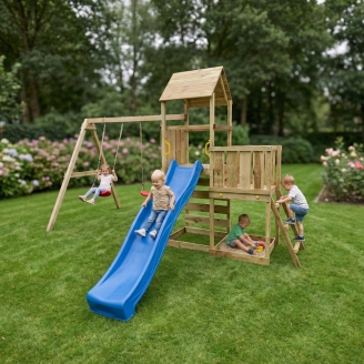 Gioco da giardino in legno Maxplay 3.2 con Scivolo blu, torre, parete di arrampicata e doppia altalena