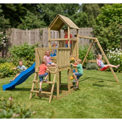 Gioco da giardino in legno Maxplay 3.2 con Scivolo blu, torre, parete di arrampicata e doppia altalena
