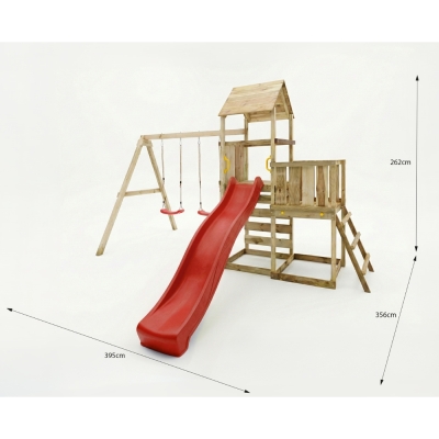 Gioco da giardino in legno Maxplay 3.2 con Scivolo rosso, torre, parete di arrampicata e doppia altalena