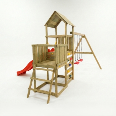 Gioco da giardino in legno Maxplay 3.2 con Scivolo rosso, torre, parete di arrampicata e doppia altalena