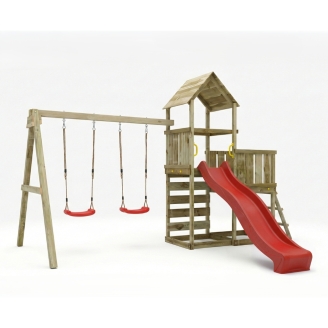 Gioco da giardino in legno Maxplay 3.2 con Scivolo rosso, torre, parete di arrampicata e doppia altalena