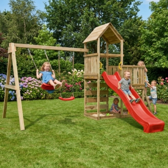Gioco da giardino in legno Maxplay 3.2 con Scivolo rosso, torre, parete di arrampicata e doppia altalena