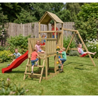 Gioco da giardino in legno Maxplay 3.2 con Scivolo rosso, torre, parete di arrampicata e doppia altalena