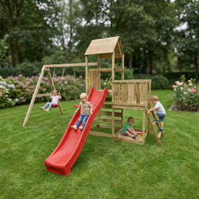 Gioco da giardino in legno Maxplay 3.2 con Scivolo rosso, torre, parete di arrampicata e doppia altalena