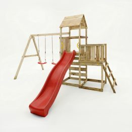 Gioco da giardino in legno Maxplay 3.2 con Scivolo rosso, torre, parete di arrampicata e doppia altalena