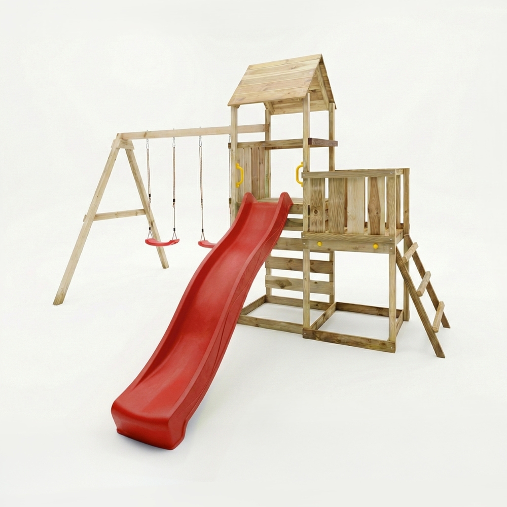 Gioco da giardino in legno Maxplay 3.2 con Scivolo rosso, torre, parete di arrampicata e doppia altalena