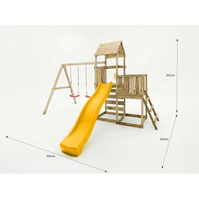 Gioco da giardino in legno Maxplay 3.2 con Scivolo giallo, torre, parete di arrampicata e doppia altalena