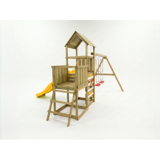 Gioco da giardino in legno Maxplay 3.2 con Scivolo giallo, torre, parete di arrampicata e doppia altalena