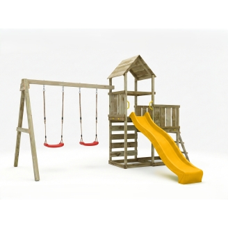 Gioco da giardino in legno Maxplay 3.2 con Scivolo giallo, torre, parete di arrampicata e doppia altalena