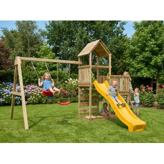 Gioco da giardino in legno Maxplay 3.2 con Scivolo giallo, torre, parete di arrampicata e doppia altalena