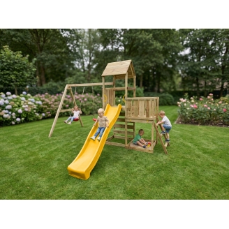 Gioco da giardino in legno Maxplay 3.2 con Scivolo giallo, torre, parete di arrampicata e doppia altalena