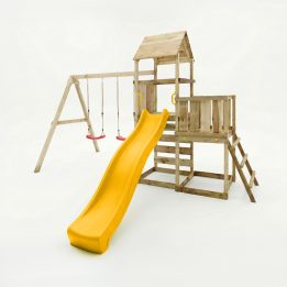 Gioco da giardino in legno Maxplay 3.2 con Scivolo giallo, torre, parete di arrampicata e doppia altalena