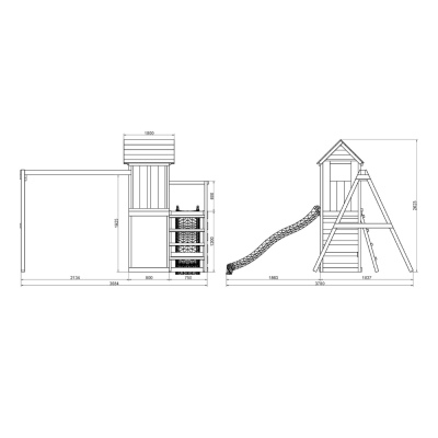 Casetta rialzata per bambini in legno Maxplay 5 con scivolo blu, doppia altalena e arrampicata