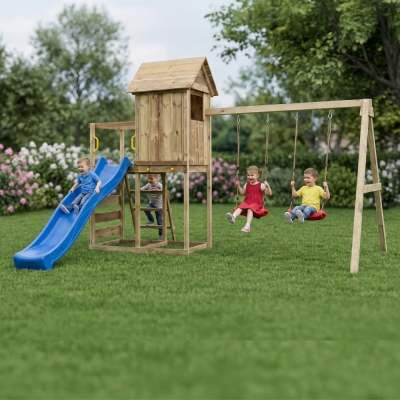 Casetta rialzata per bambini in legno Maxplay 5 con scivolo blu, doppia altalena e arrampicata