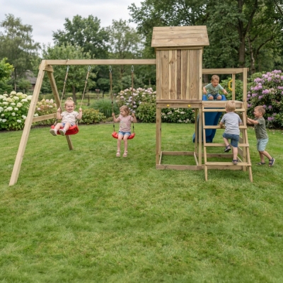 Casetta rialzata per bambini in legno Maxplay 5 con scivolo blu, doppia altalena e arrampicata