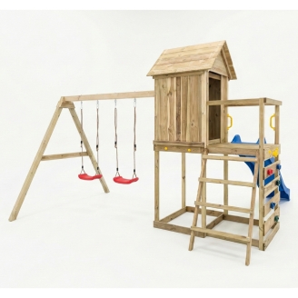Casetta rialzata per bambini in legno Maxplay 5 con scivolo blu, doppia altalena e arrampicata