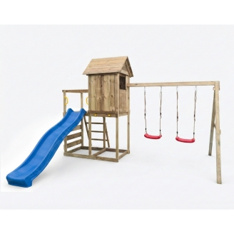 Casetta rialzata per bambini in legno Maxplay 5 con scivolo blu, doppia altalena e arrampicata