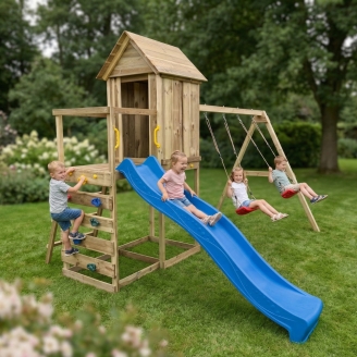 Casetta rialzata per bambini in legno Maxplay 5 con scivolo blu, doppia altalena e arrampicata