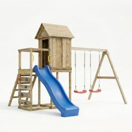 Casetta rialzata per bambini in legno Maxplay 5 con scivolo blu, doppia altalena e arrampicata