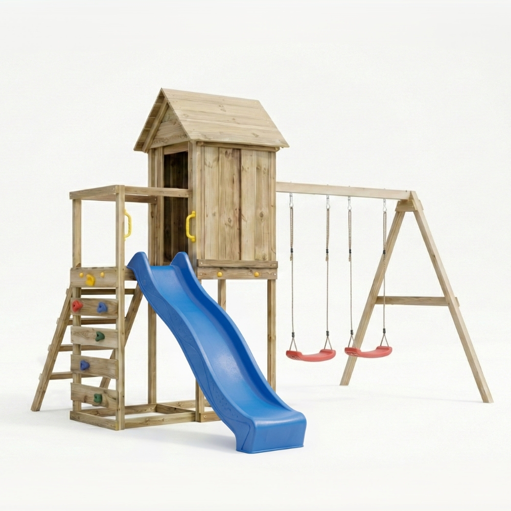 Casetta rialzata per bambini in legno Maxplay 5 con scivolo blu, doppia altalena e arrampicata