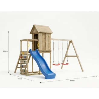 Casetta rialzata per bambini in legno Maxplay 5 con scivolo blu, doppia altalena e arrampicata