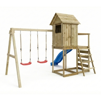 Casetta rialzata per bambini in legno Maxplay 5 con scivolo blu, doppia altalena e arrampicata