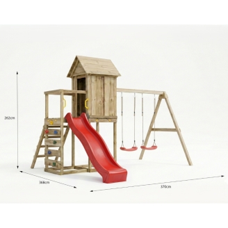 Casetta rialzata per bambini in legno Maxplay 5 con scivolo rosso, doppia altalena e arrampicata