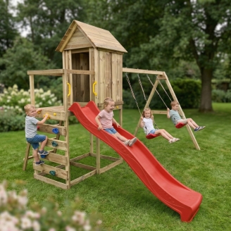 Casetta rialzata per bambini in legno Maxplay 5 con scivolo rosso, doppia altalena e arrampicata