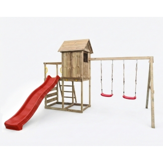 Casetta rialzata per bambini in legno Maxplay 5 con scivolo rosso, doppia altalena e arrampicata
