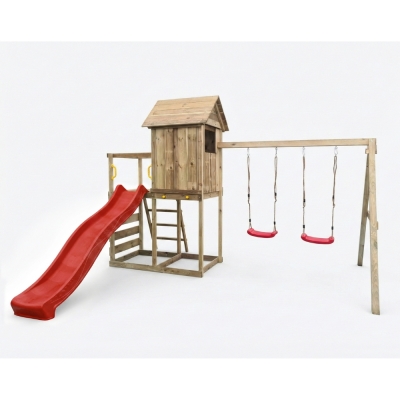 Casetta rialzata per bambini in legno Maxplay 5 con scivolo rosso, doppia altalena e arrampicata