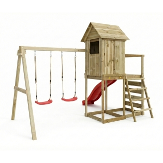 Casetta rialzata per bambini in legno Maxplay 5 con scivolo rosso, doppia altalena e arrampicata